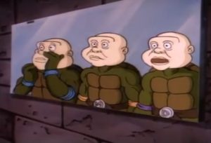 Teenage Mutant Ninja Turtles cartoon wear human masks.